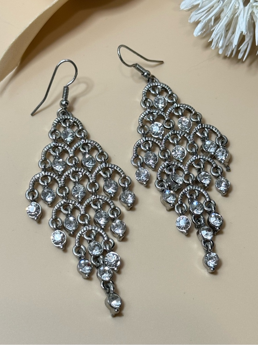 Silver Tone Clear Rhinestone Chandelier Dangle Pierced Earrings